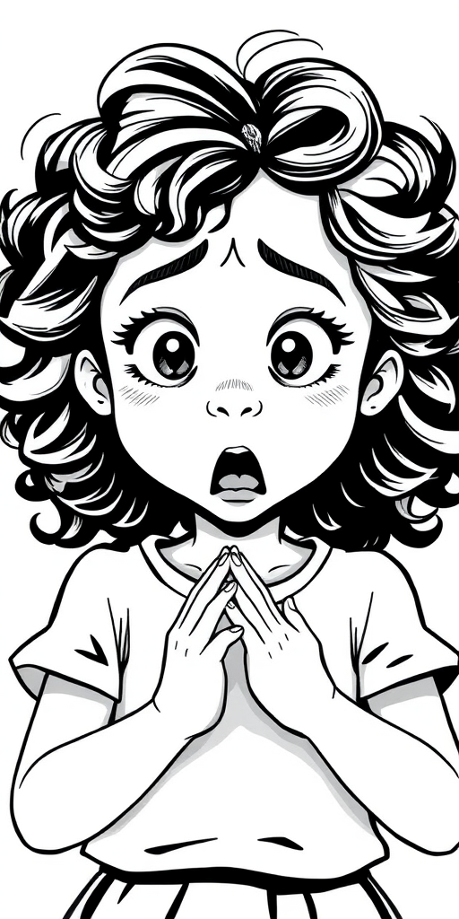 The image is a black and white illustration of a young girl with curly hair. She has a surprised expression on her face with her mouth open and her hands clasped together in front of her chest. Her eyes are wide and her eyebrows are furrowed. Her hair is styled in loose curls that are cascading down her back. The overall mood of the image is one of shock or surprise.