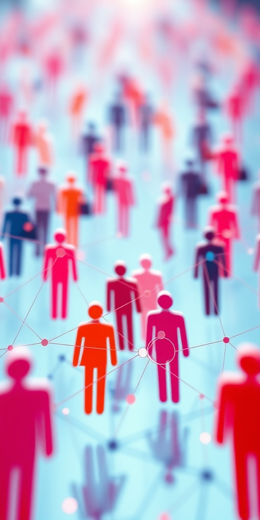 Generate an abstract representation of connected figures in a network, utilizing a high-resolution digital camera with a focal length of 35mm, aperture set to f/8 for deep field depth, ISO 200 to minimize noise, captured from a slightly elevated angle to enhance depth perception in a vibrant color palette.