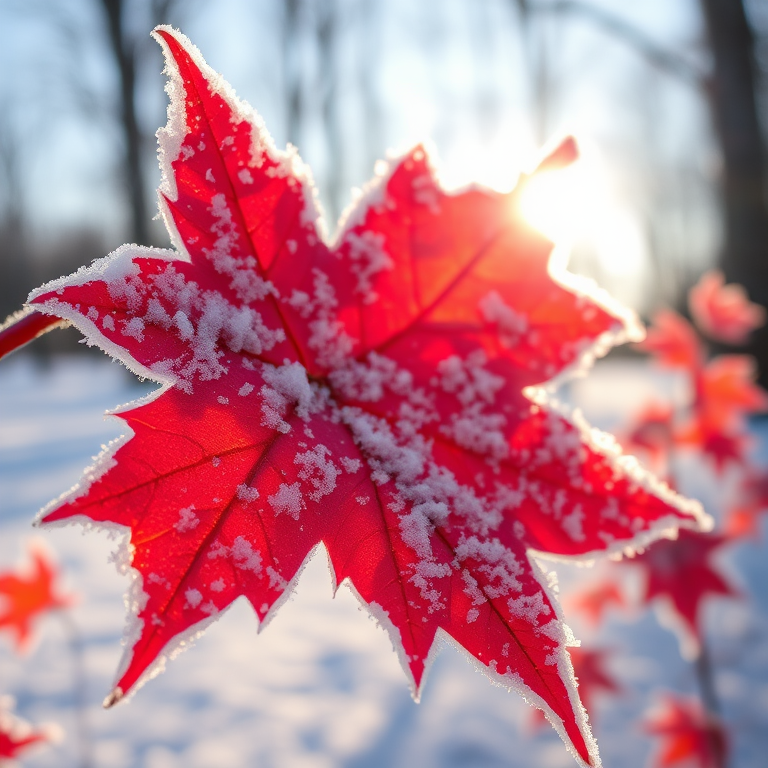 Sharp, detailed close-up of a vibrant red maple leaf covered in frost, soft sunlight glistening off the ice crystals, with distant trees blurred in the background.
