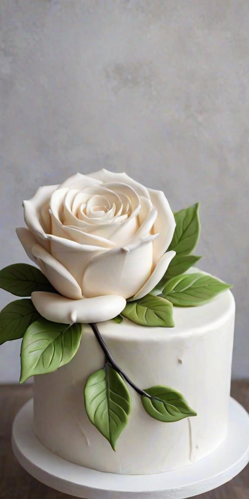 Create an elegant cake design featuring a large white rose made of fondant on top. The cake should have a smooth white frosting with delicate pearl accents and cascading sugar leaves. The overall look should be sophisticated and refined, perfect for a special occasion, with a soft pastel background to enhance its beauty.