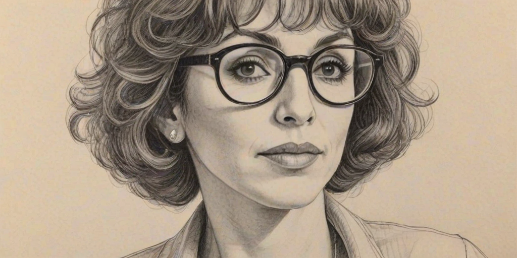 Exquisite Andrea Martin, pencil sketch, portrait of Captivating woman 1969s in glasses, hair style beatnik, outline, clear lines, fine lines, 8k