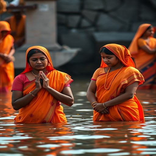 Generate an image of two women in vibrant orange traditional attire standing in water during a religious ceremony with a shallow depth of field, using a Canon EOS R5, 50mm lens, f/1.8 aperture, ISO 100, natural lighting, and a slightly elevated angle.