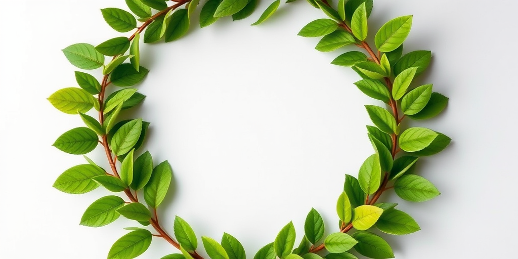 Regenerate a detailed, high-resolution image of a laurel wreath made of vibrant green leaves, captured with a DSLR camera, 50mm lens, f/2.8 aperture, ISO 100, natural lighting, centered view, on a neutral background for enhanced clarity and depth.