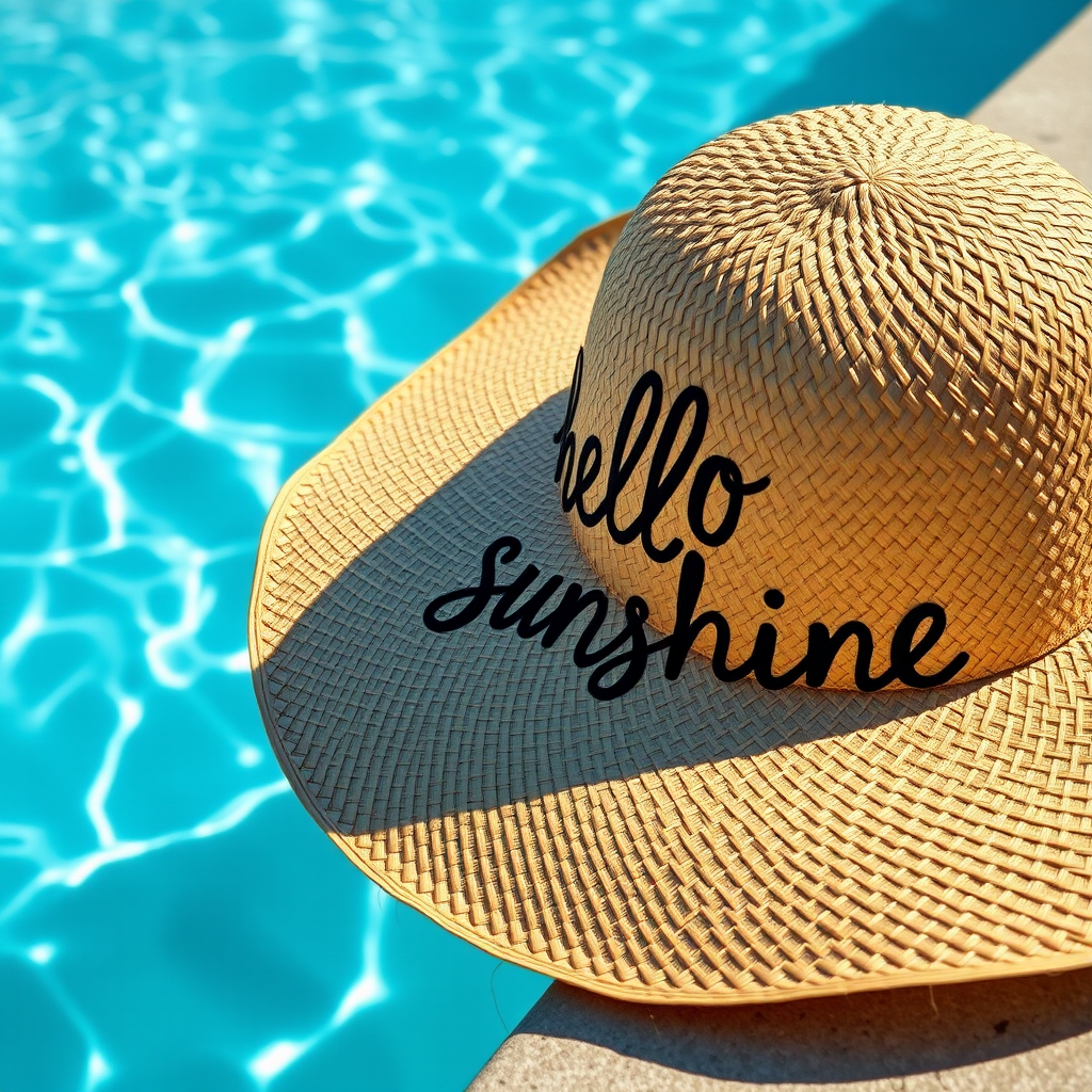 a wide-angle shot of a large straw hat with the phrase hello sunshine written on it resting on the edge of a sparkling blue pool, DSLR camera, aperture f/2.8, ISO 100, shutter speed 1/200s, natural light, high saturation colors
