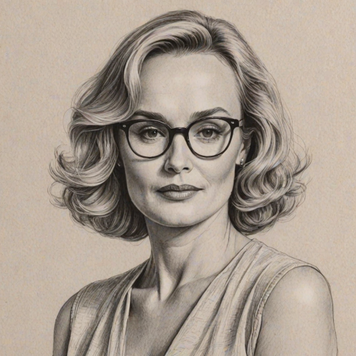 Comely Jessica Lange, pencil sketch, portrait of Exquisite woman 1973s in glasses, hair style beatnik, outline, clear lines, fine lines, 8k