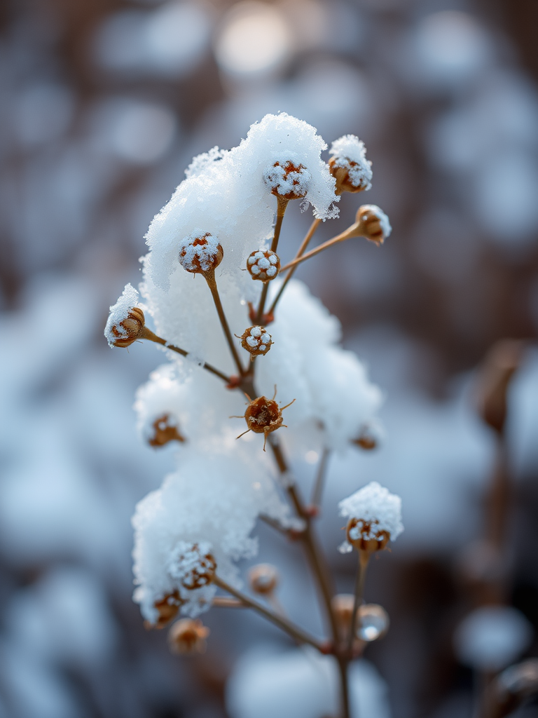 macro shot of a plant covered in snow, focus on the intricate details of dried flowers, soft natural light, aperture f/2.8, shutter speed 1/250s, ISO 100, shallow depth of field, using a DSLR camera with a 100mm macro lens