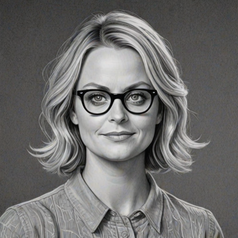 Fascinating Amy Poehler, pencil sketch, portrait of Comely woman 1944s in glasses, hair style beatnik, outline, clear lines, fine lines, 8k