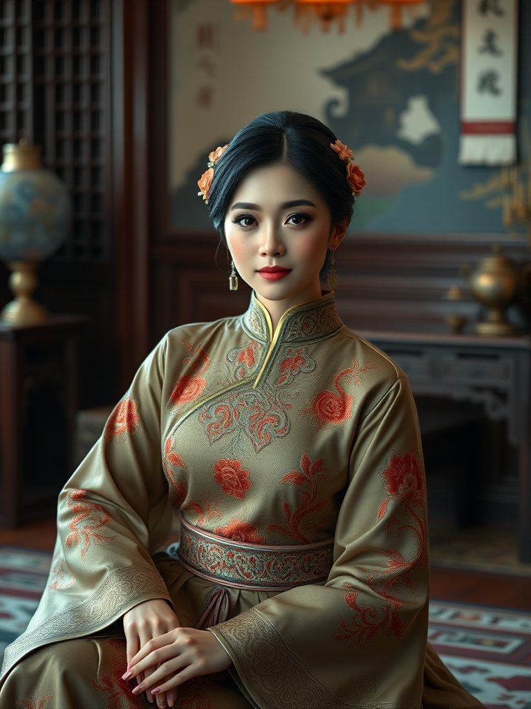 A beautiful Vietnamese woman in traditional East Asian attire, intricately detailed with embroidered patterns, sitting gracefully in a richly decorated room, soft ambient lighting, serene and elegant, ultra-realistic, 8K resolution