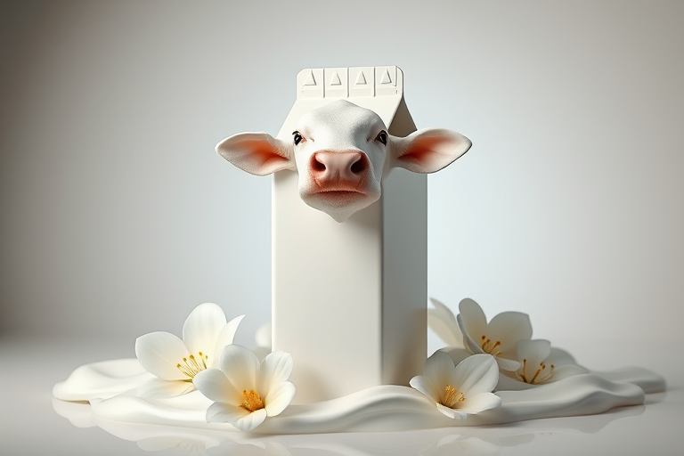 Create a hyper-realistic 3D rendering of a milk carton with a cow's head emerging from it, surrounded by soft white flowers and creamy textures, using a 50mm lens, f/1.8 aperture, ISO 100, in a studio setting with softbox lighting.