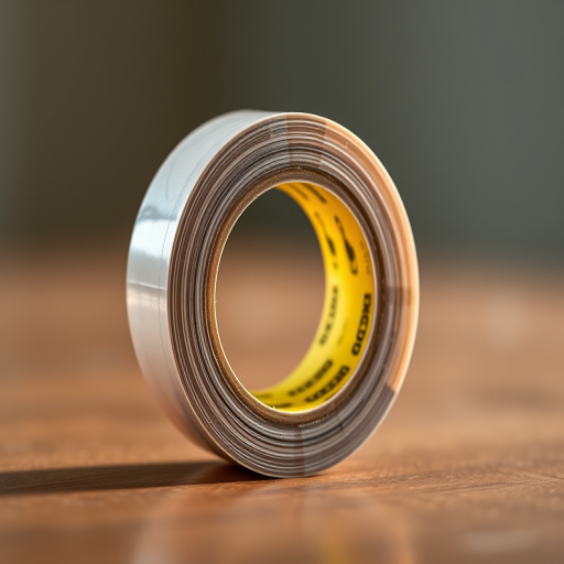 Create a high-resolution image of a roll of heavy-duty adhesive tape with a yellow label featuring duck logos, captured with a Canon EOS 5D Mark IV, 50mm lens, f/2.8 aperture, ISO 100, soft natural lighting, and a shallow depth of field to focus on the tape's texture and label.