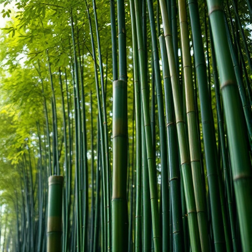 Regenerate a high-resolution image of a bamboo grove with soft natural lighting, focus on the texture of the bamboo stalks, using a Nikon D850 with a 50mm lens, aperture f/2.8, ISO 100, shutter speed 1/125s, captured from a low angle for depth.