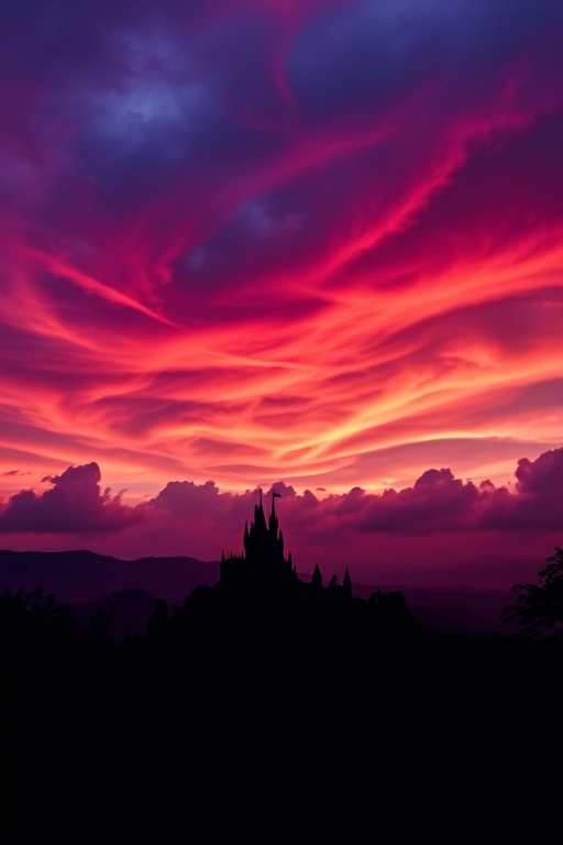 Generate a fantasy landscape featuring a dramatic sky with swirling clouds in shades of purple and red, a distant castle silhouetted against the vibrant backdrop, with a foreground of silhouetted figures gazing at the scene, using a Canon EOS R5 with a 24-70mm f/2.8 lens, aperture f/8, ISO 100, and a wide-angle perspective to capture the expansive view.