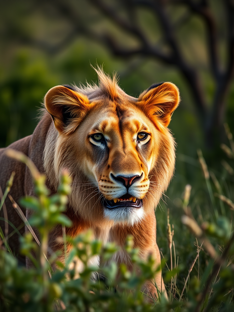 Regenerate the image of a lion in a lush green savannah setting with a Canon EOS 5D Mark IV camera, 50mm lens, aperture f/2.8, ISO 100, shutter speed 1/250 sec, natural lighting, and shallow depth of field for a focused and vibrant look.