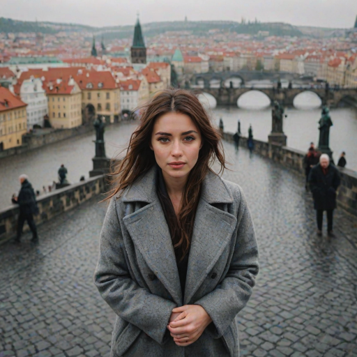 cinematic photo from above, waist up shot, sharp focus, a beautiful woman in foreground, in Prague, at the Charles Bridge, river in background, overcast rainy day, wearing long grey wool coat, warm rich color palette