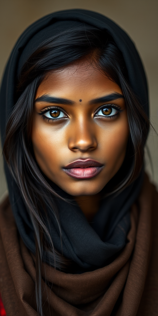 Create a portrait of a young Sri Lankan woman with long, dark hair and captivating hazel eyes. She is wearing a dark headscarf and a matching scarf draped gracefully around her neck. The background is softly blurred, focusing attention on her serene and natural expression. The overall color palette is muted and warm, enhancing the intimate and authentic feel of the portrait.