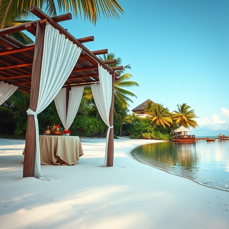 Create a picturesque tropical beach scene featuring a serene, white sandy shore. In the foreground, there's a rustic wooden canopy with white drapes gently flowing in the breeze. Underneath the canopy, a table is set with tropical decor, evoking a sense of relaxation and leisure. The beach extends into a calm, shallow water area with reflections of the sky and surroundings. Palm trees and lush greenery line the edge of the beach, providing a natural, tropical backdrop. The sky is clear with a few scattered clouds, and the overall atmosphere is tranquil and inviting, perfect for a peaceful retreat.