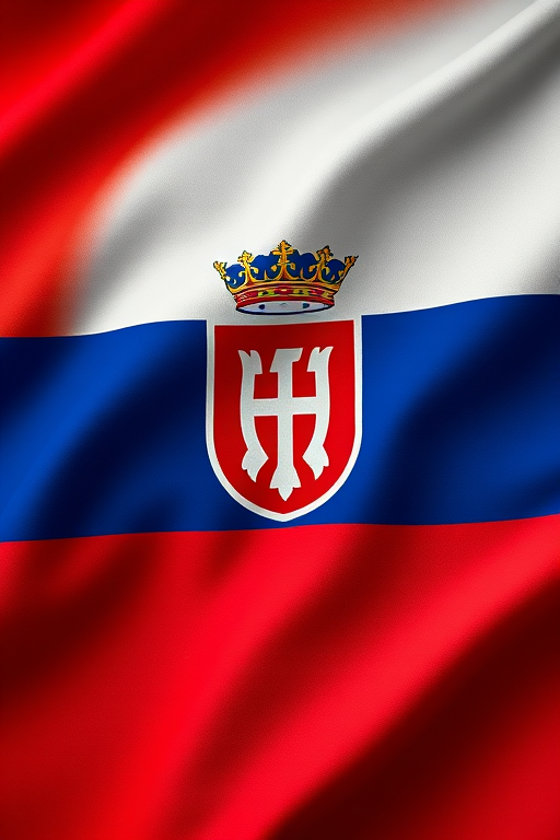 Create a detailed representation of the Slovak flag with a coat of arms, using a DSLR camera at 50mm focal length, aperture set to f/8, ISO 200, and a soft diffused light source to enhance color vibrancy and clarity.