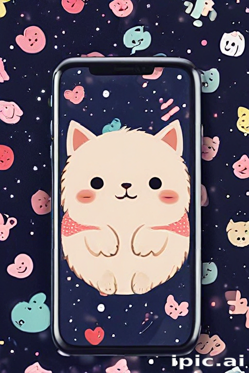 Adorable Cartoon Cat on Phone Surrounded by Colorful Cute Icons