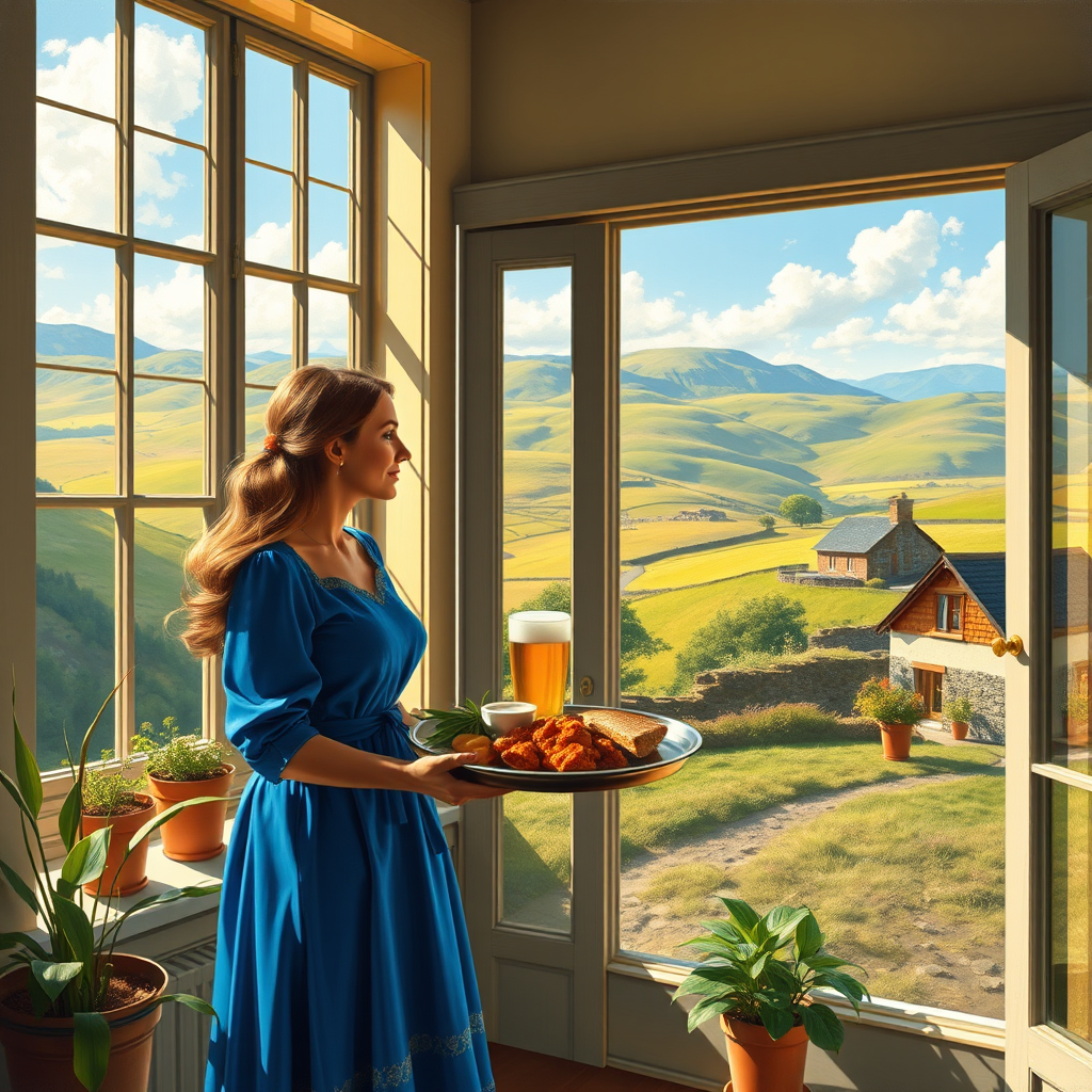 In "A Glass of Beer on the Highland," a serene scene is depicted in a sunlit room where a woman in a vibrant blue dress stands by a large window. She holds a tray with a hearty meal and a frothy glass of beer, embodying a moment of relaxation. Outside, the breathtaking highland landscape features rolling green hills and a charming traditional house, all bathed in warm afternoon light. The interior is adorned with potted plants, creating a harmonious blend of comfort and nature. The painting beautifully captures the tranquility and joy found in simple pleasures amidst stunning scenery