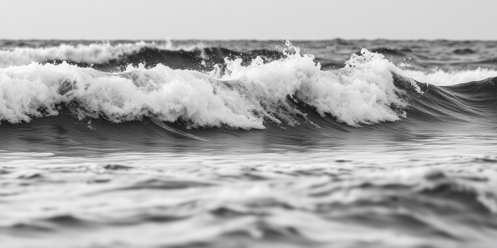 ocean waves crashing in black and white, high contrast, 50mm lens, f/8 aperture, ISO 100, 1/250 shutter speed, captured from a low angle with a slight tilt for dramatic effect, DSLR camera
