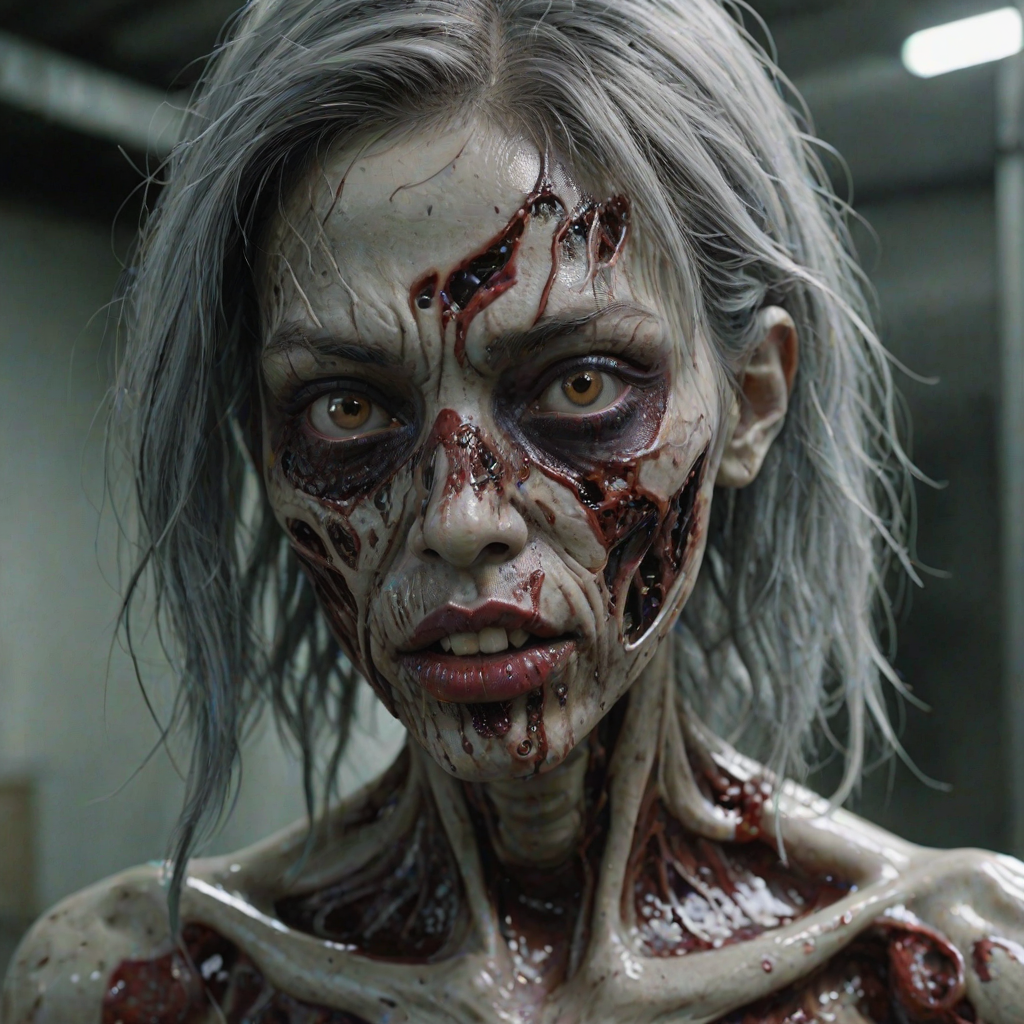 (perspective) of A creepy (ethnicity) zombie cyborg with (descriptive color) skin, (color) lipstick (color) liquid flowing from her eyes and mouth, (perspective two) portrait, (camera angle), extremely detailed, (art style) in the style of Yoshitaka Amano and Tetsuo Hara. --ar 85:128 --style raw --niji 6