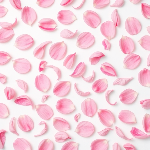 Create a seamless pattern of delicate pink flower petals scattered over a soft white background, using a Canon EOS R5, 50mm lens, f/4 aperture, ISO 200, capturing in a top-down view with high resolution and vibrant colors.