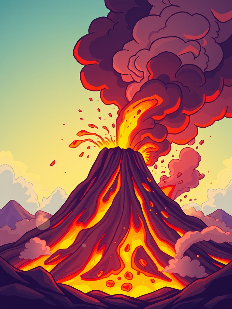 Create a vibrant cartoon-style illustration of a volcano erupting, capturing bright lava and smoke, shot with a Canon EOS 5D Mark IV, 50mm f/1.8 lens, at f/8 aperture, ISO 100, in a well-lit environment for enhanced color saturation.