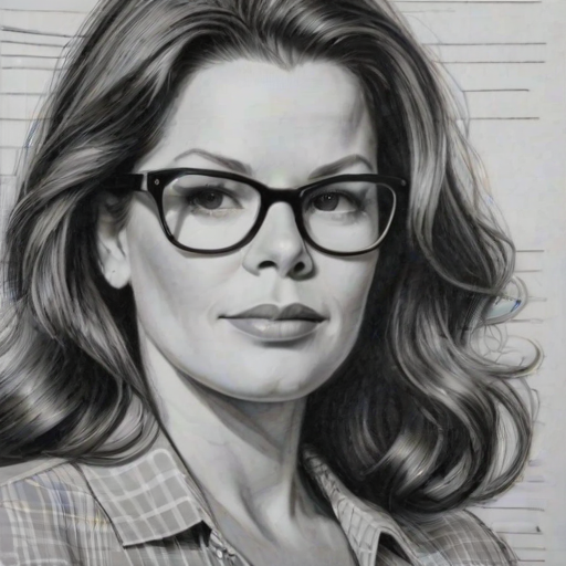 Enticing Marcia Gay Harden, pencil sketch, portrait of Comely woman 1954s in glasses, hair style beatnik, outline, clear lines, fine lines, 8k