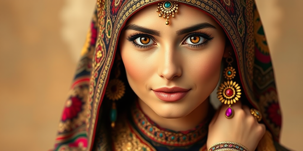 Create a portrait of a beautiful Azerbaijani woman with striking brown eyes and a gentle expression. She is adorned in traditional attire with intricate patterns, including a richly embroidered headscarf and matching garments. Her jewelry includes a delicate headpiece, dangling earrings, and ornate bracelets, all featuring vibrant gemstones and detailed metalwork. The background is soft and warm, enhancing the rich colors of her outfit and jewelry.