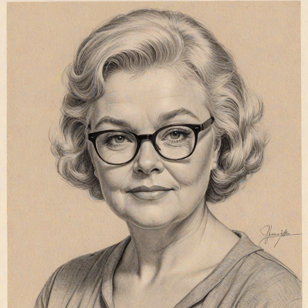 Enticing June Squibb, pencil sketch, portrait of Charming woman 1956s in glasses, hair style beatnik, outline, clear lines, fine lines, 8k
