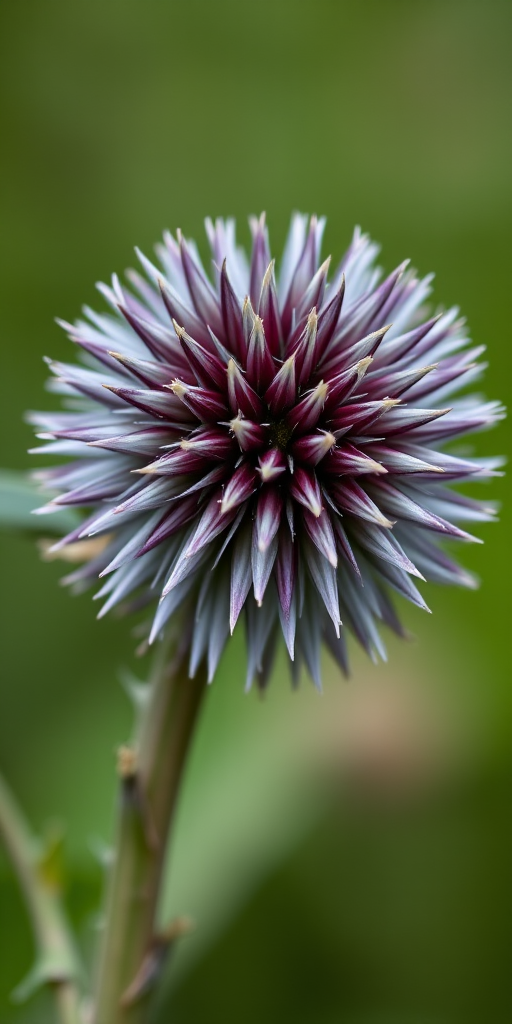 Close-up of a spherical thistle flower with sharp, spiky petals against a soft green background, shallow depth of field, aperture f/2.8, ISO 100, shutter speed 1/200s, macro lens, DSLR camera, natural lighting.