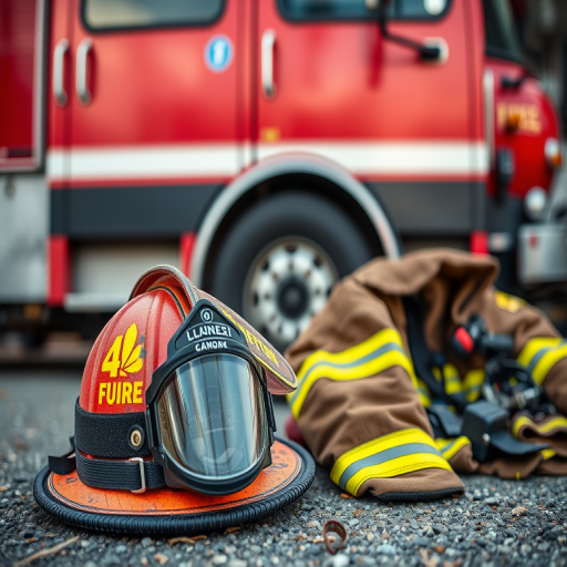 Capture a close-up shot of firefighting gear, including a helmet and jacket, placed on the ground in front of a red fire truck, using a DSLR camera with a 50mm lens, aperture f/2.8, ISO 200, and natural lighting for enhanced clarity and depth.