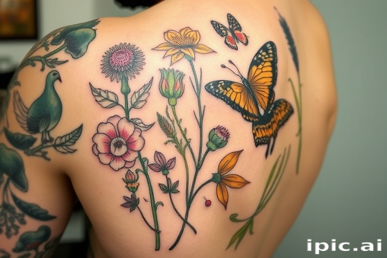 Botanical illustration tattoo named "Flora Fauna Fusion" featuring scientifically accurate depictions of plants and animals with a vintage naturalist sketch aesthetic