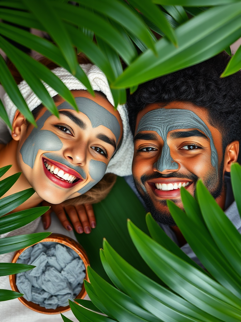 A top-down view of a smiling couple with clay masks on their faces, surrounded by green tropical leaves and a bowl of gray facial mask, captured with a Canon EOS R5, 50mm lens, f/1.8, ISO 100, natural light for enhanced skin tone and texture.