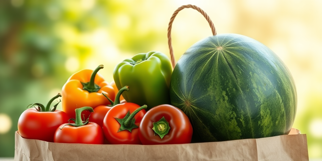 create an illustration of a paper grocery bag filled with vibrant fruits and vegetables including tomatoes, bell peppers, and a watermelon, shot with a DSLR camera at f/2.8 aperture, 50mm lens, in natural light with a soft focus background to enhance the crispness of the produce.