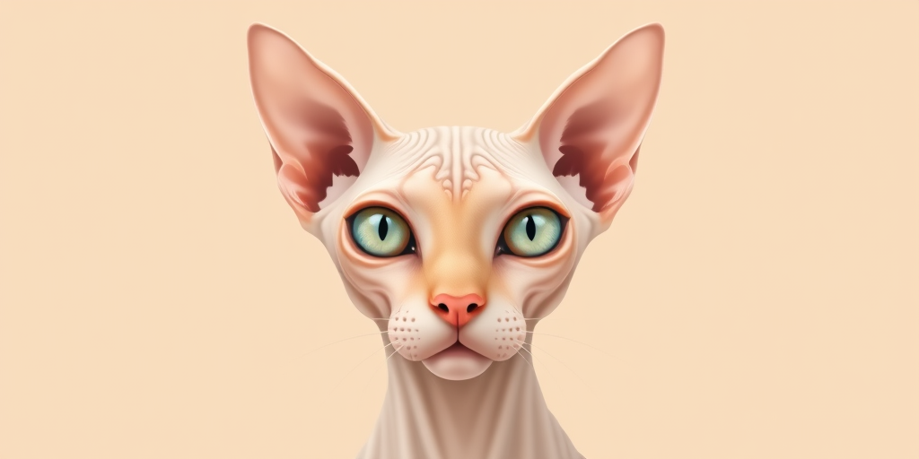 Create a digital illustration of a sphynx cat's face with a smooth beige background, using a 50mm lens, aperture f/2.8, shutter speed 1/125s, and ISO 100 for high detail and vibrant colors, in a flat design style.