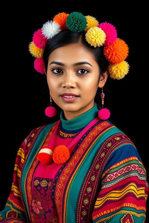 portrait of a woman in a vibrant traditional outfit with pom poms, black background, shallow depth of field, f/2.8, ISO 100, 85mm lens, soft lighting, DSLR camera