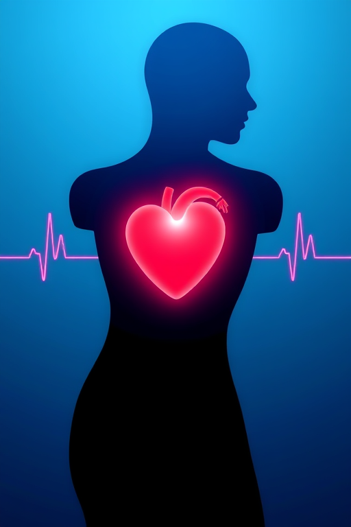Illustrate a human silhouette with a glowing heart, set against a blue gradient background with an EKG line running horizontally, using a Canon EOS 5D Mark IV with a 50mm lens, aperture f/1.8, ISO 100, and a shallow depth of field for enhanced focus on the heart.