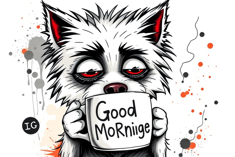 A quirky, artistic illustration of a disheveled german spitz with exaggerated, large eyes and spiky fur, holding a coffee mug that reads "Good Morning". The dog has a tired but humorous expression, with ink splatters and abstract details surrounding it, giving a whimsical feel to the image. The color palette is mostly monochrome with hints of red in the eyes and steam rising from the mug, enhancing the overall sleepy vibe