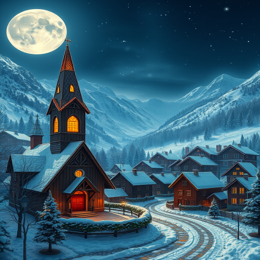 create a winter village scene with a cozy church surrounded by colorful houses, snow-covered mountains in the background, a large full moon lighting the night sky, use a digital painting style, camera settings like ISO 100, f/8 aperture, 24mm lens, with a 3D rendering style for enhanced depth and texture.
