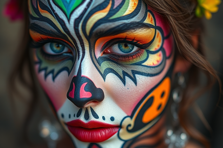Regenerate the image of an intricately painted face with a third eye and vibrant colors, using a DSLR camera with a 50mm lens, f/1.8 aperture, ISO 100, and a soft focus background for depth, shot in HDR style to enhance clarity and detail.