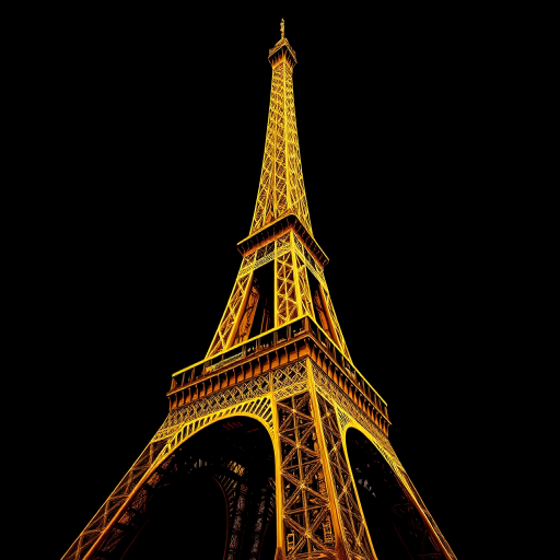 Create a highly detailed, golden Eiffel Tower against a solid black background, captured with a DSLR camera at f/1.8, ISO 100, 50mm lens, in portrait orientation using a high dynamic range imaging style.