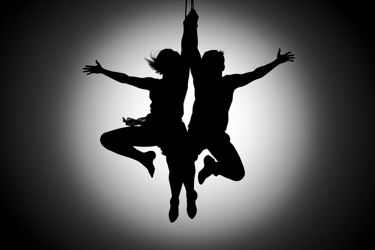 Create an artistic silhouette of two figures suspended in a dynamic pose, with a high contrast black and white color scheme, shot with a DSLR camera at f/2.8, ISO 100, 1/200s, using a macro lens to enhance detail and create a shallow depth of field.