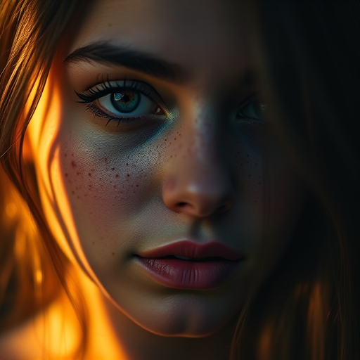 Create a close-up portrait of a young woman with freckles partially illuminated by warm light from a hidden source, capturing intricate skin details and a soft bokeh background, using a Canon EOS R with a 50mm f/1.2 lens at ISO 100, shutter speed 1/200s, aperture f/1.2, in natural light for a moody and cinematic effect.