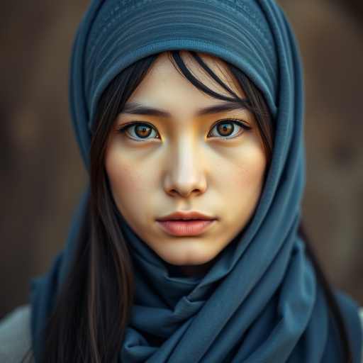 Create a portrait of a young Mongolian woman with long, dark hair and captivating hazel eyes. She is wearing a blue headscarf and a matching scarf draped gracefully around her neck. The background is softly blurred, focusing attention on her serene and natural expression. The overall color palette is muted and warm, enhancing the intimate and authentic feel of the portrait.