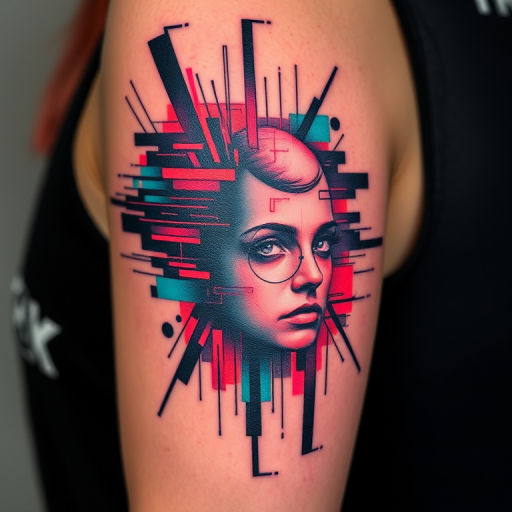 Glitch art tattoo called "Digital Distortion" depicting fragmented and distorted imagery with pixelated elements and color shifts creating a modern and tech-inspired design