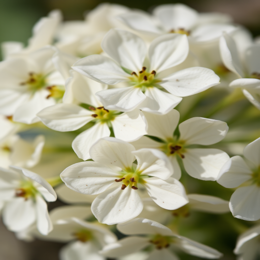 Close-up of a cluster of delicate white flowers with intricate details and black specks on the petals, taken with a DSLR camera at f/2.8 aperture, ISO 100, 1/250s shutter speed, in natural light, with a shallow depth of field for a soft background blur.