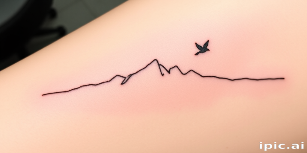 Minimalist single-line tattoo called "Infinite Journey" consisting of a continuous, unbroken line that forms the silhouette of a mountain range, bird in flight, and crashing wave, creating a fluid and elegant design that tells a story through simplicity