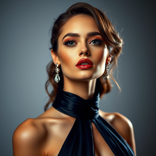 Studio portrait, female model, elegant couture dress, bold makeup, dramatic lighting, Utilize a 50mm portrait lens for crisp details and a soft background blur, 8k