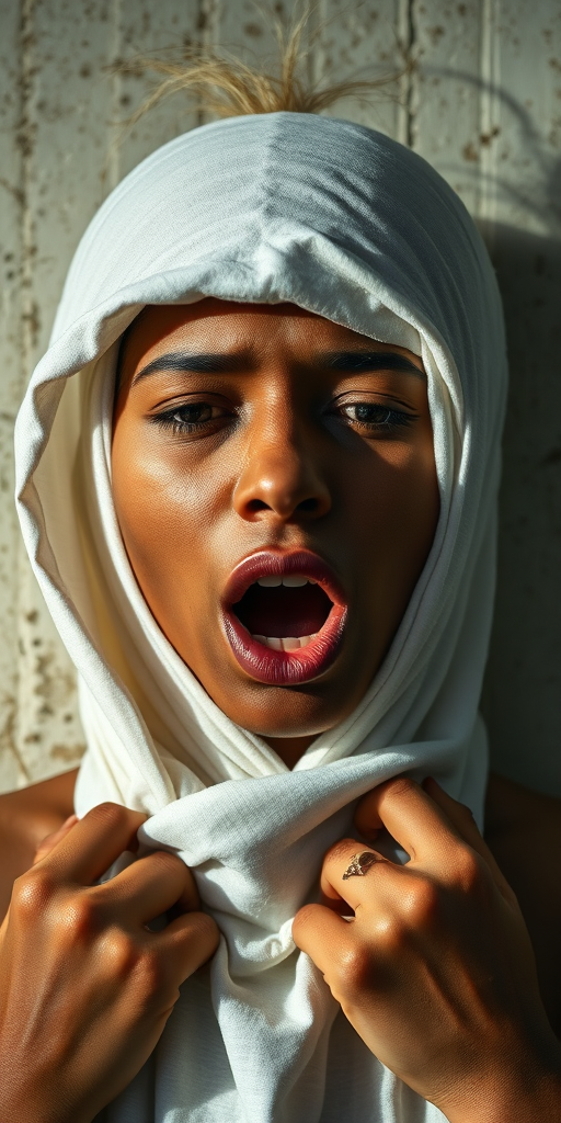 Create a close-up photographic image of a Cape Verdean woman with light skin tones shown against an old, worn wall. Their head is wrapped in a white cloth covering (i.e.... parts of the head except the nose and mouth, which are open as if they are screaming...), with a slight texture and visible folds in the fabric. Thin strands of blonde hair escape from the wrapping above, falling lightly at the top and sides. Their hands hold the fabric as if they are tugging nervously. The lighting is dramatic and even, casting strong shadows. The image has a minimalist and surreal style with an emphasis on simplicity with soft color tones. The composition is centered.